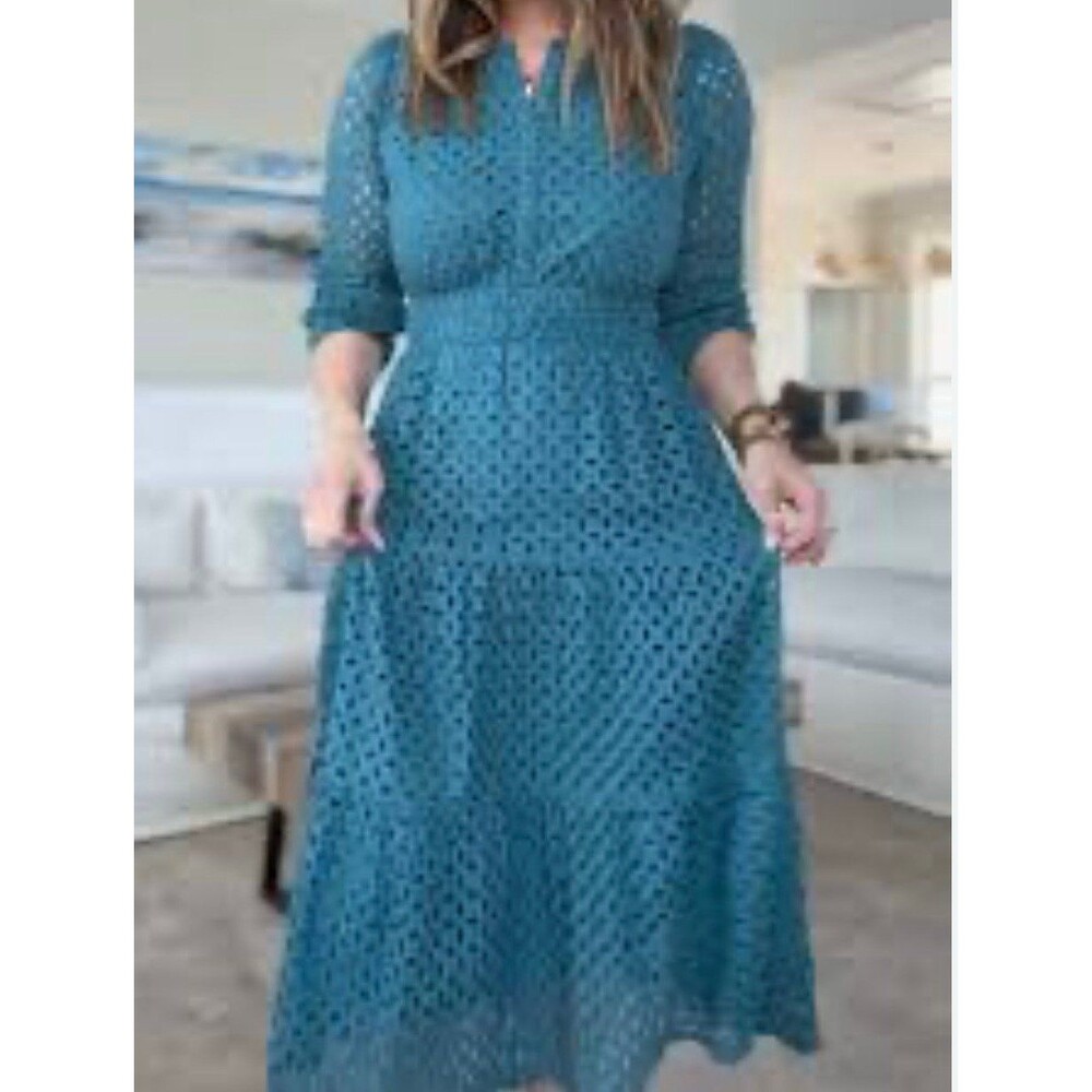 NWT ZESICA Teal Eyelet Embroidery Maxi Dress Size S Boho Tiered Skirt